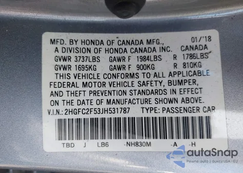 2018 Honda Civic Lx from USA, damaged, VIN 2HGFC2F53JH531787